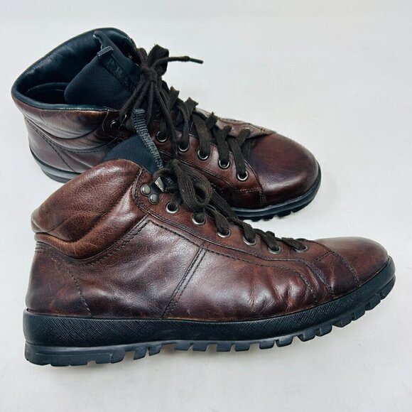 Prada Brown Sneakers with Distressed Leather and Rugged Sole - Picture 5 of 13